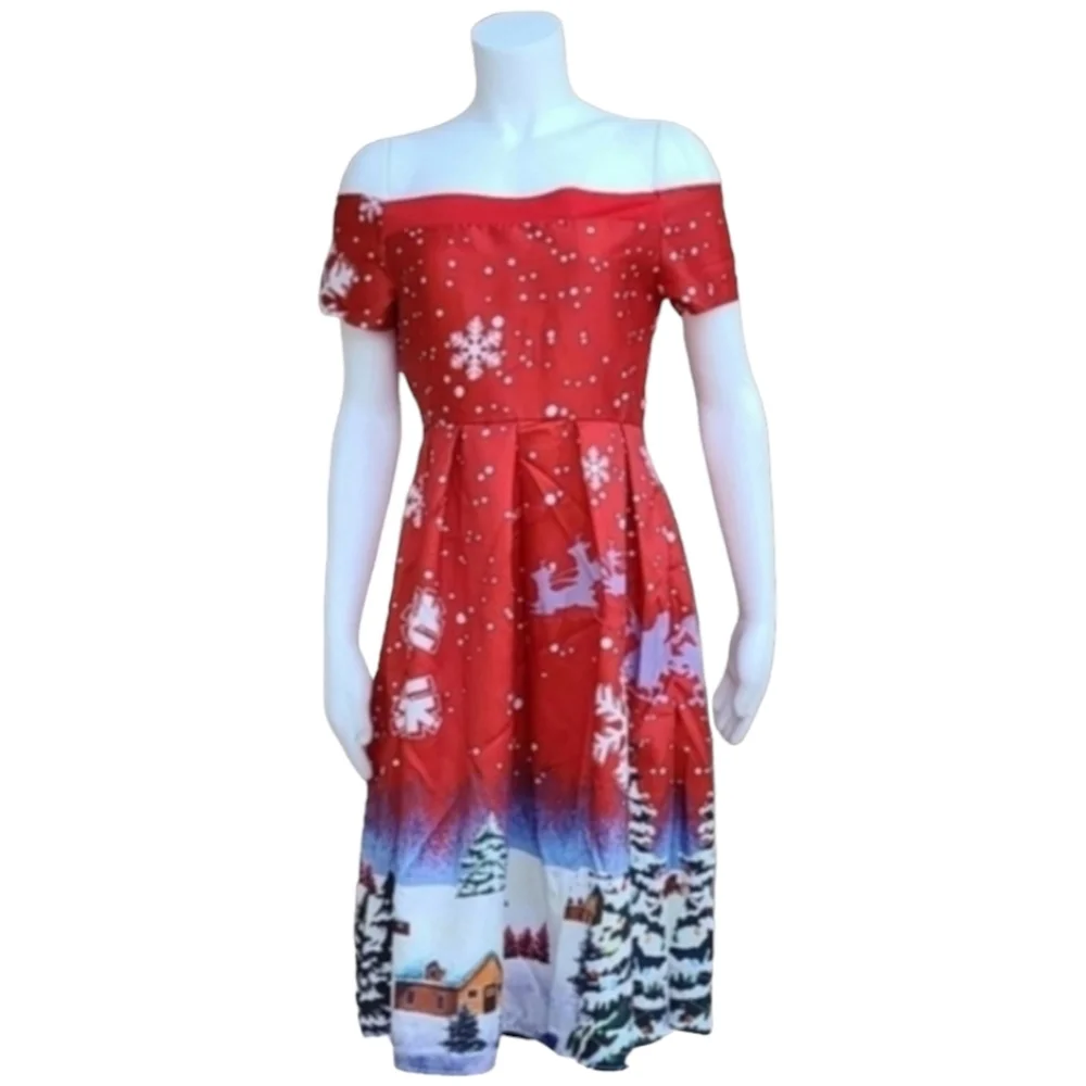 VINTAGE CHRISTMAS HOLIDAY Dress Small 4 6 Rockabilly Pin Up Off Shoulder Festive - Picture 12 of 14